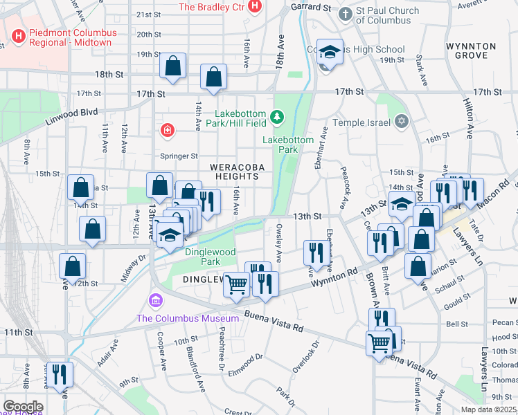 map of restaurants, bars, coffee shops, grocery stores, and more near 1308 13th Street in Columbus