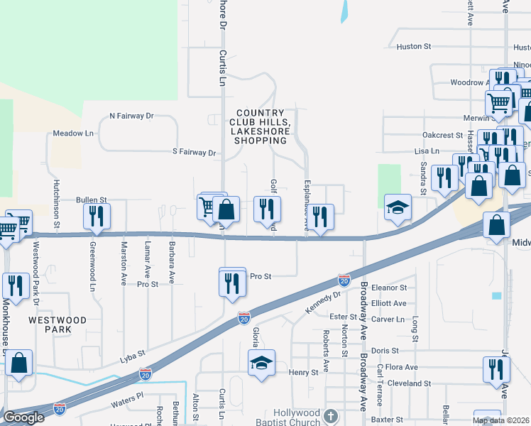map of restaurants, bars, coffee shops, grocery stores, and more near 4038 Golf Links Blvd in Shreveport