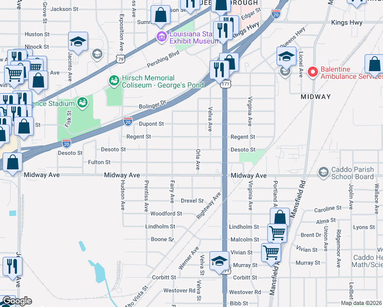map of restaurants, bars, coffee shops, grocery stores, and more near 2924 Fulton Street in Shreveport