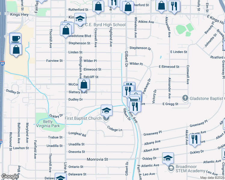 map of restaurants, bars, coffee shops, grocery stores, and more near 458 Slattery Boulevard in Shreveport