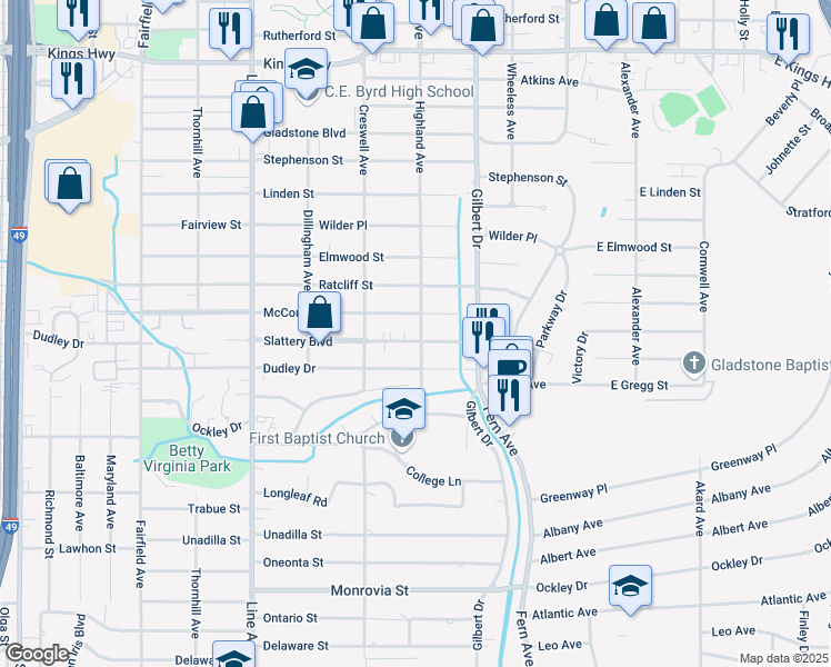 map of restaurants, bars, coffee shops, grocery stores, and more near 461 Slattery Boulevard in Shreveport