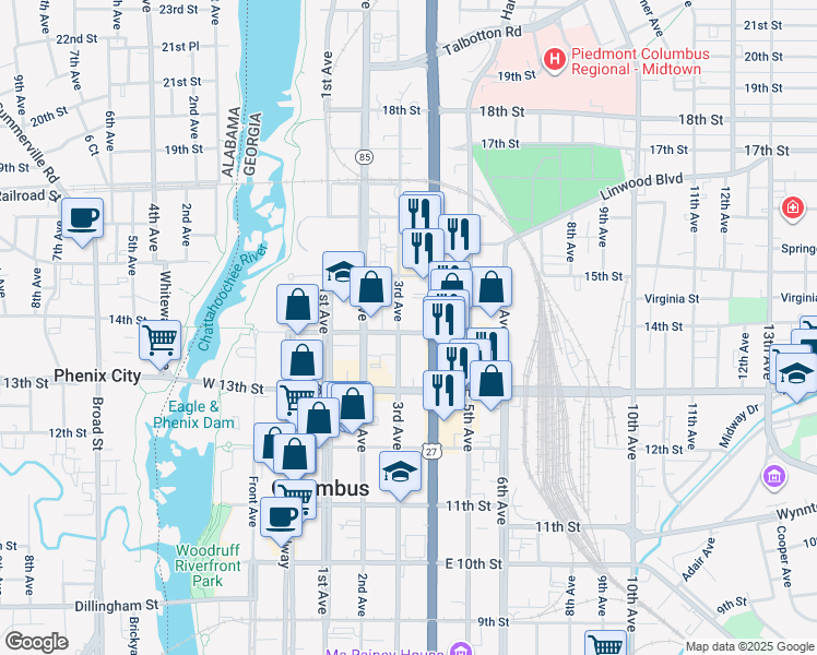 map of restaurants, bars, coffee shops, grocery stores, and more near 1400 3rd Avenue in Columbus