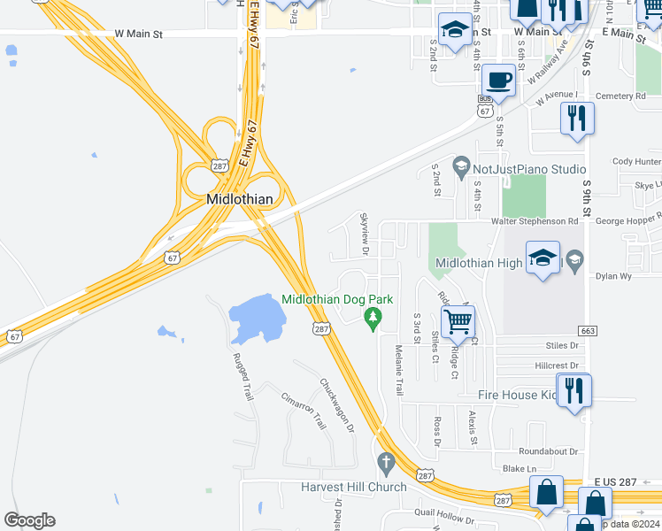 map of restaurants, bars, coffee shops, grocery stores, and more near 1044 Sierra Vista Court in Midlothian