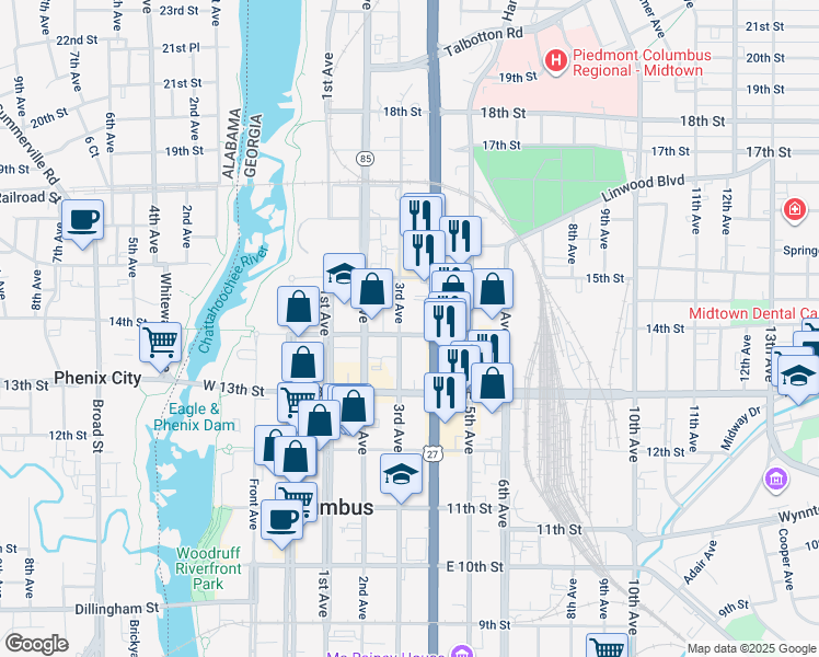 map of restaurants, bars, coffee shops, grocery stores, and more near 1400 3rd Avenue in Columbus