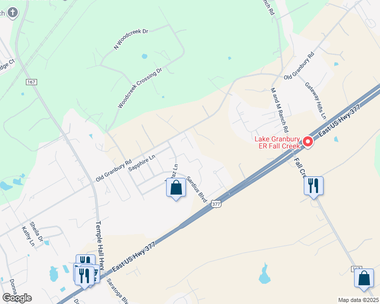 map of restaurants, bars, coffee shops, grocery stores, and more near 249 Jacinth Lane in Granbury