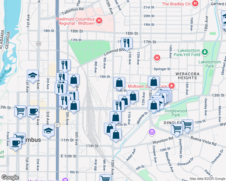 map of restaurants, bars, coffee shops, grocery stores, and more near 10th Avenue in Columbus