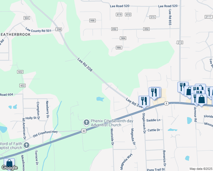 map of restaurants, bars, coffee shops, grocery stores, and more near Lee Road 208 in Phenix City