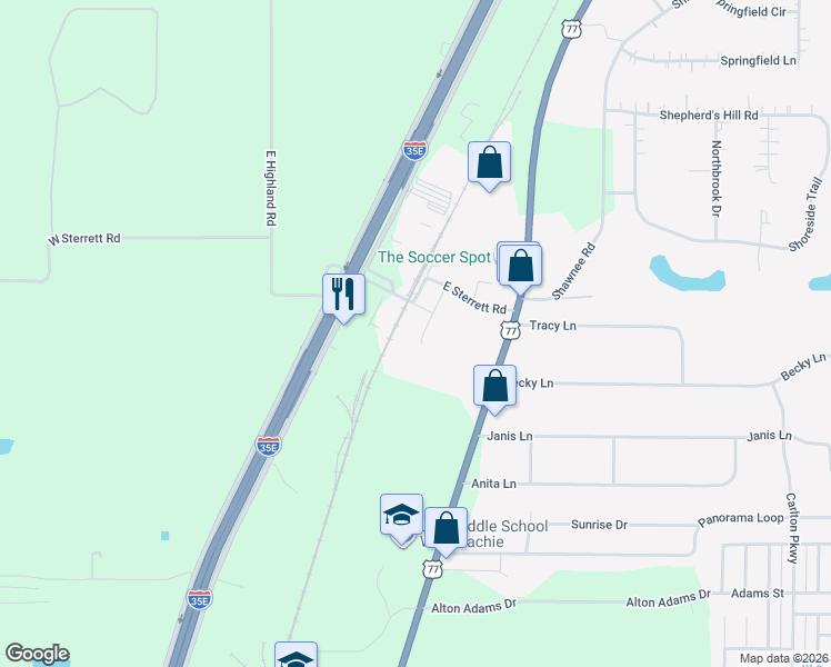map of restaurants, bars, coffee shops, grocery stores, and more near 3467 North Highway 77 in Waxahachie