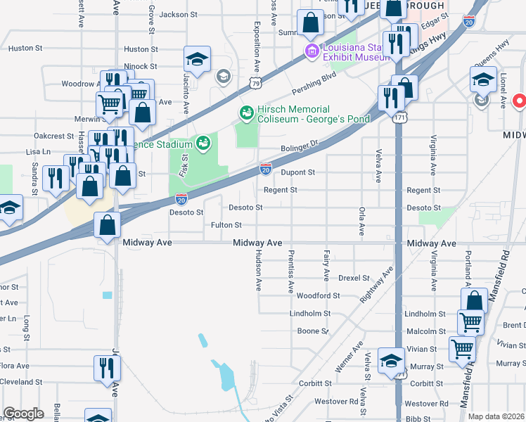 map of restaurants, bars, coffee shops, grocery stores, and more near 3153 Desoto Street in Shreveport