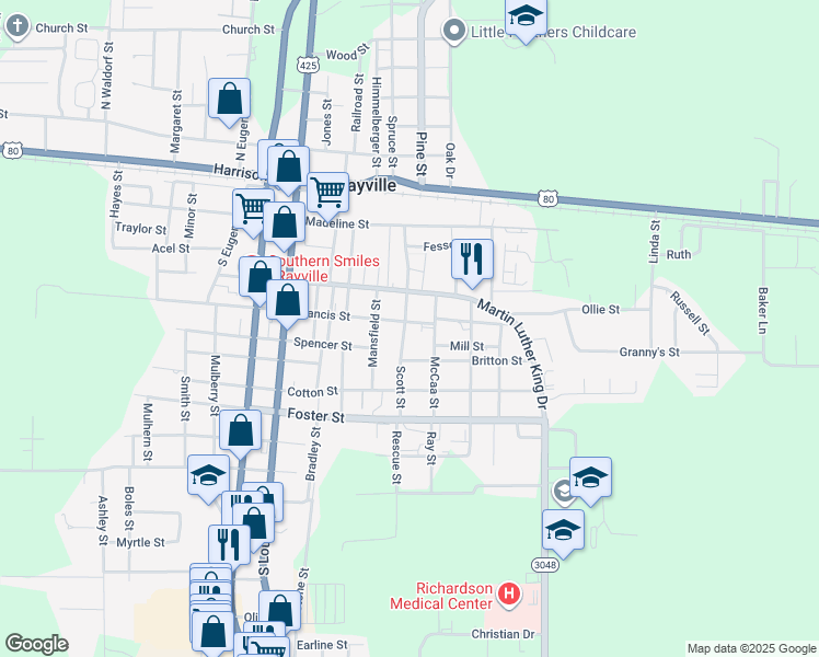 map of restaurants, bars, coffee shops, grocery stores, and more near 406 Scott Street in Rayville