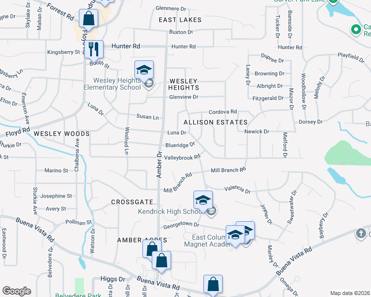 map of restaurants, bars, coffee shops, grocery stores, and more near 5935 Valleybrook Road in Columbus
