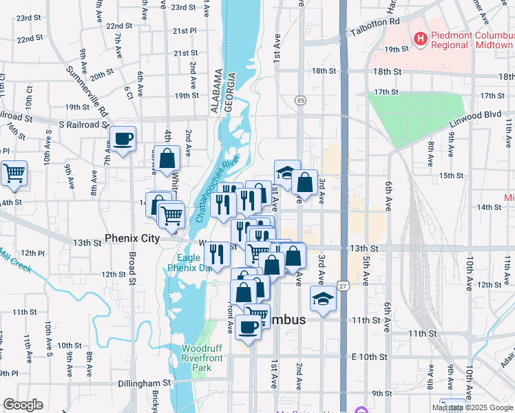map of restaurants, bars, coffee shops, grocery stores, and more near 21 14th Street in Columbus