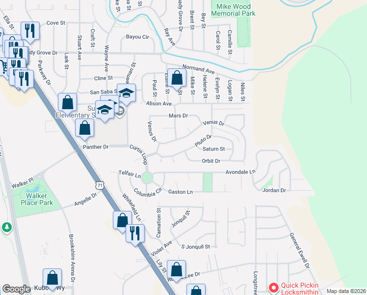 map of restaurants, bars, coffee shops, grocery stores, and more near 1818 Pluto Drive in Bossier City