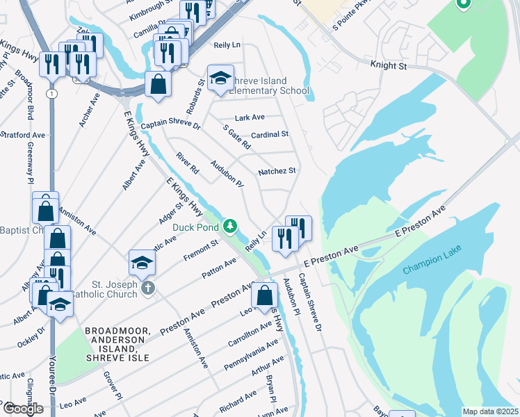 map of restaurants, bars, coffee shops, grocery stores, and more near 957 Captain Shreve Drive in Shreveport