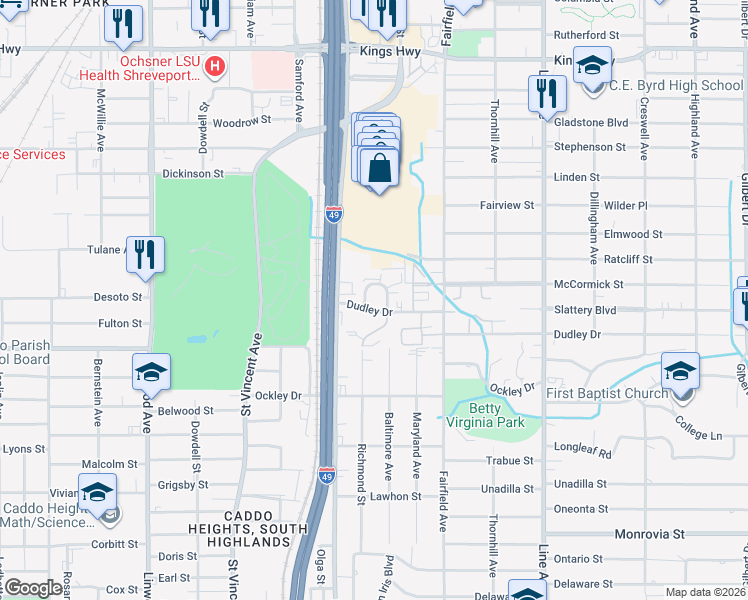 map of restaurants, bars, coffee shops, grocery stores, and more near 1103 Dudley Drive in Shreveport