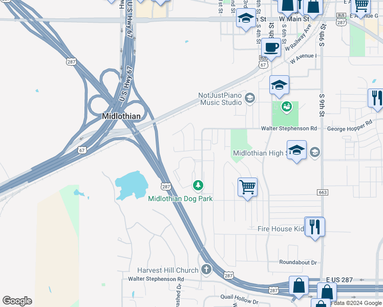 map of restaurants, bars, coffee shops, grocery stores, and more near 1016 Sierra Vista Court in Midlothian