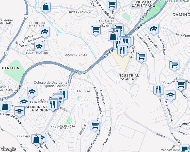 map of restaurants, bars, coffee shops, grocery stores, and more near 0 Camino Vecinal in Tijuana