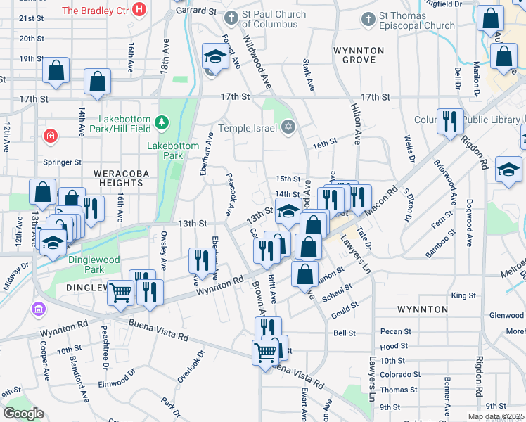 map of restaurants, bars, coffee shops, grocery stores, and more near 1249 Forest Avenue in Columbus