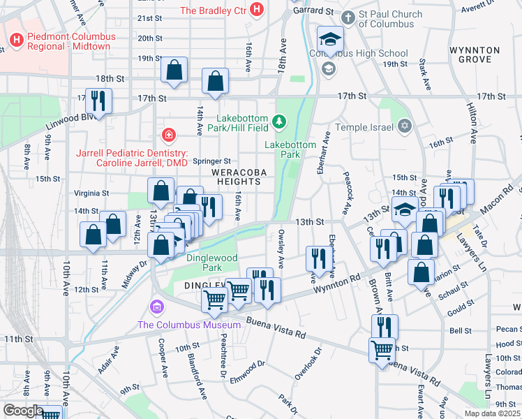 map of restaurants, bars, coffee shops, grocery stores, and more near 1308 13th Street in Columbus