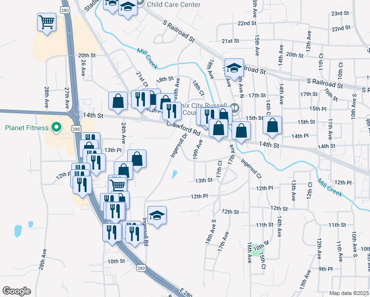 map of restaurants, bars, coffee shops, grocery stores, and more near 1315B 19th Avenue in Phenix City