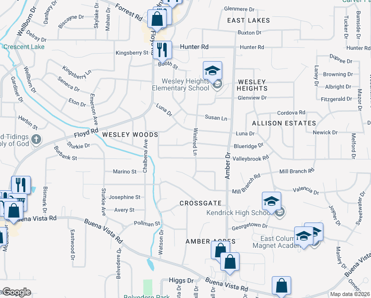 map of restaurants, bars, coffee shops, grocery stores, and more near 1323 Winifred Lane in Columbus