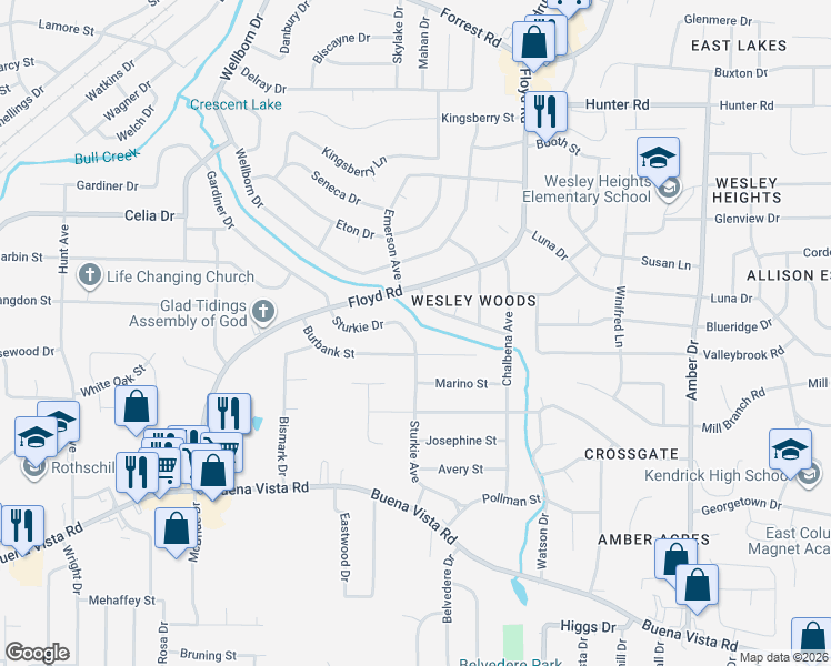map of restaurants, bars, coffee shops, grocery stores, and more near 5237 Burbank Street in Columbus