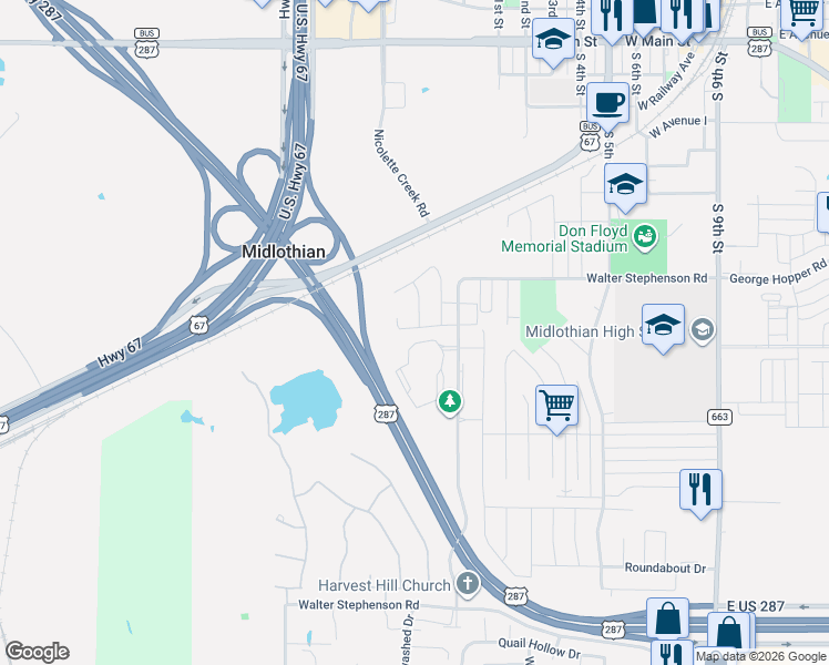 map of restaurants, bars, coffee shops, grocery stores, and more near 999 Walter Stephenson Road in Midlothian