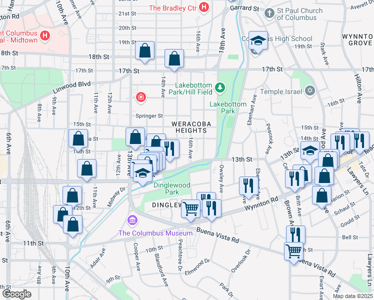 map of restaurants, bars, coffee shops, grocery stores, and more near 1327 16th Avenue in Columbus