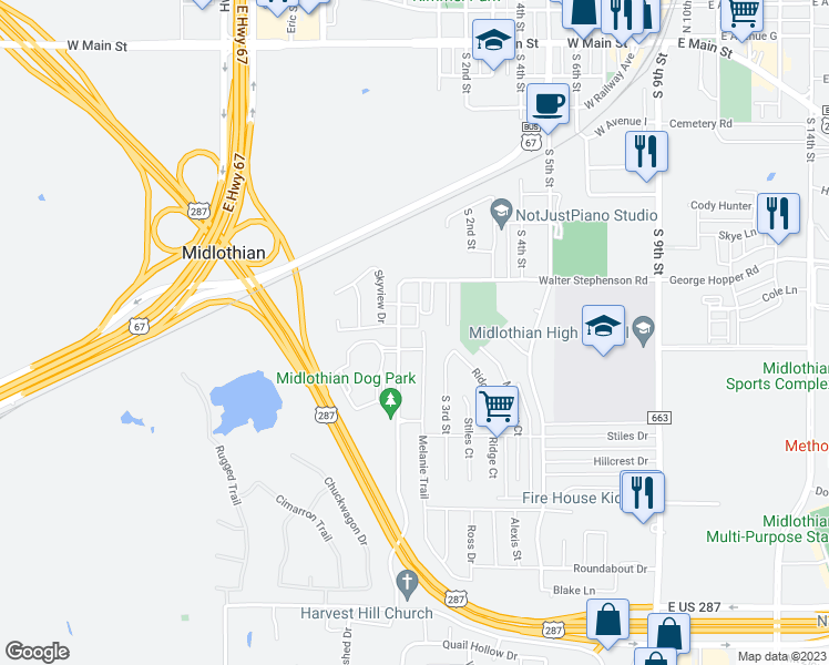 map of restaurants, bars, coffee shops, grocery stores, and more near 976 Sierra Vista Court in Midlothian