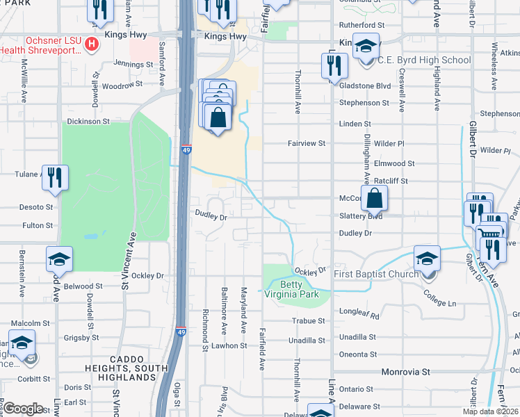 map of restaurants, bars, coffee shops, grocery stores, and more near 51 Tealwood in Shreveport