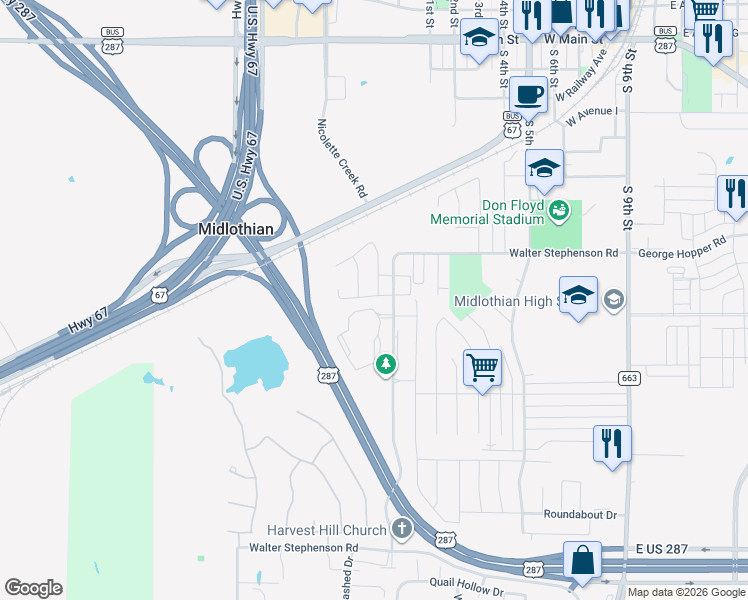 map of restaurants, bars, coffee shops, grocery stores, and more near 1014 Sierra Vista Court in Midlothian
