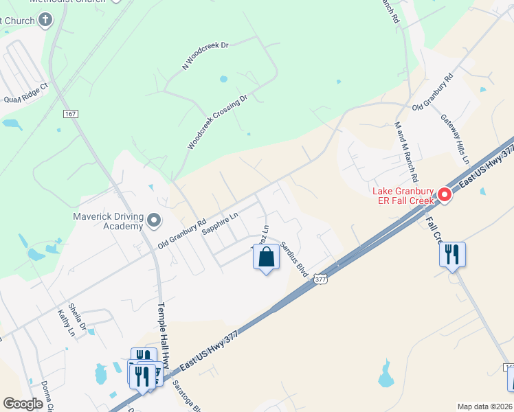 map of restaurants, bars, coffee shops, grocery stores, and more near 4825 Topaz Lane in Granbury