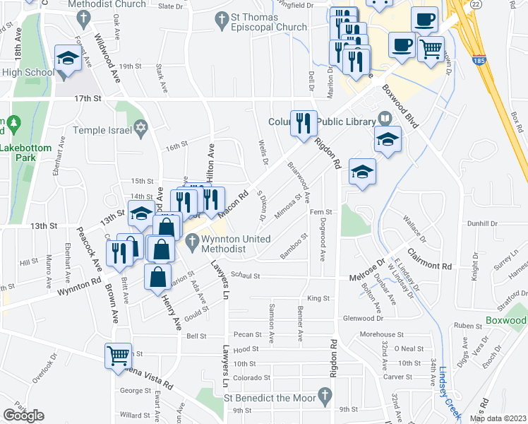 map of restaurants, bars, coffee shops, grocery stores, and more near 1307 Dixon Drive in Columbus