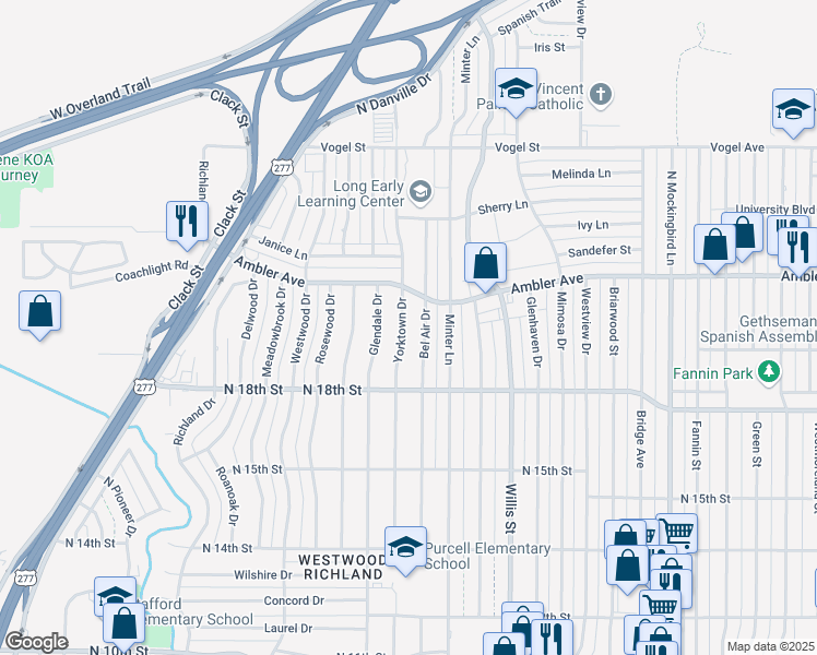 map of restaurants, bars, coffee shops, grocery stores, and more near 2017 Yorktown Drive in Abilene