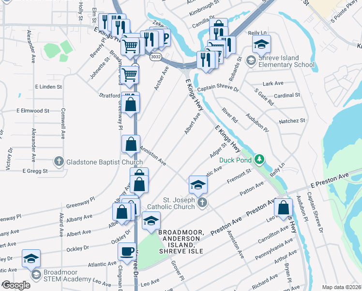 map of restaurants, bars, coffee shops, grocery stores, and more near 146 Albert Avenue in Shreveport
