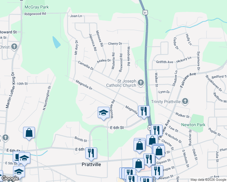 map of restaurants, bars, coffee shops, grocery stores, and more near 206 Primrose Drive in Prattville
