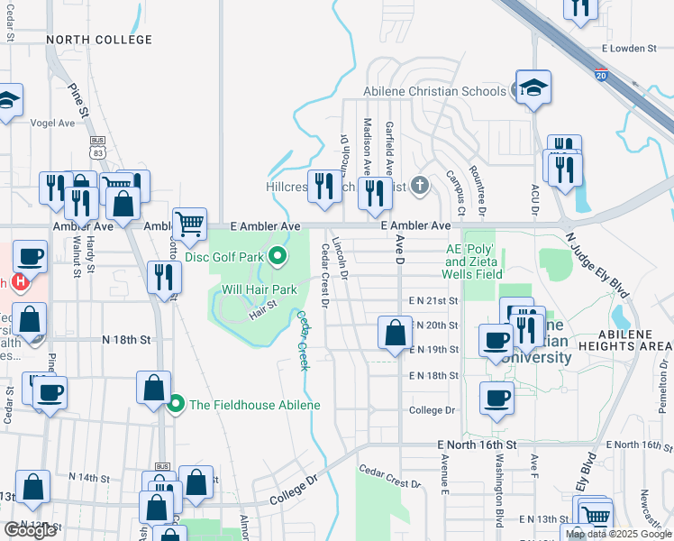 map of restaurants, bars, coffee shops, grocery stores, and more near 2202 Lincoln Drive in Abilene