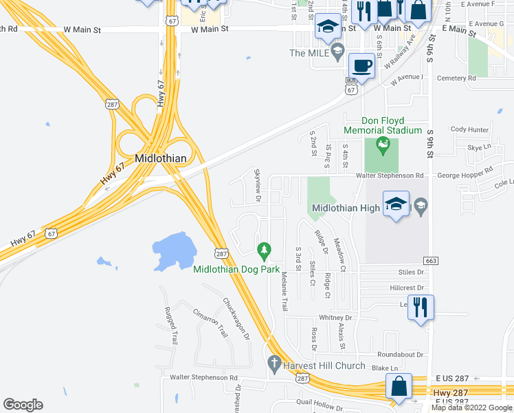 map of restaurants, bars, coffee shops, grocery stores, and more near 1012 Sierra Vista Court in Midlothian