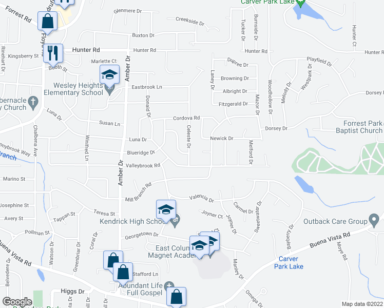 map of restaurants, bars, coffee shops, grocery stores, and more near 1312 Celeste Drive in Columbus
