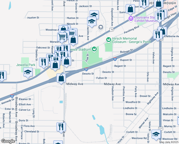 map of restaurants, bars, coffee shops, grocery stores, and more near 4109 San Jacinto Avenue in Shreveport