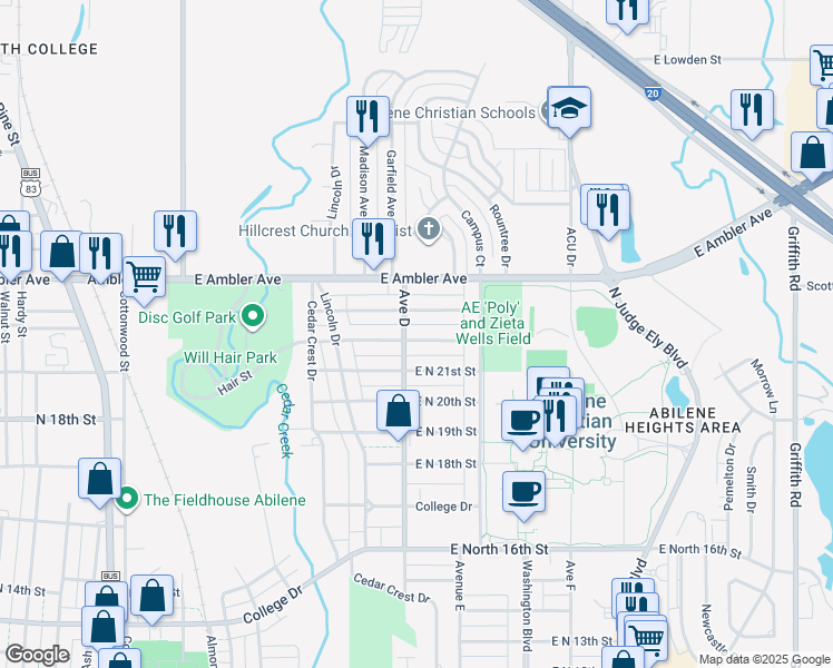 map of restaurants, bars, coffee shops, grocery stores, and more near 610 East North 22nd Street in Abilene