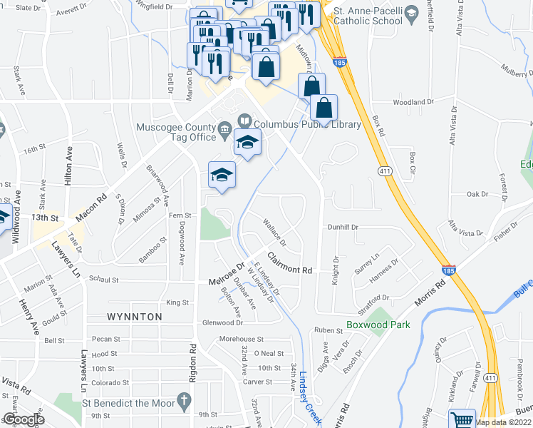 map of restaurants, bars, coffee shops, grocery stores, and more near 3323 Wallace Drive in Columbus