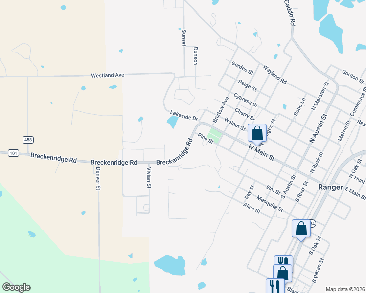 map of restaurants, bars, coffee shops, grocery stores, and more near 112 North High Point Drive in Ranger