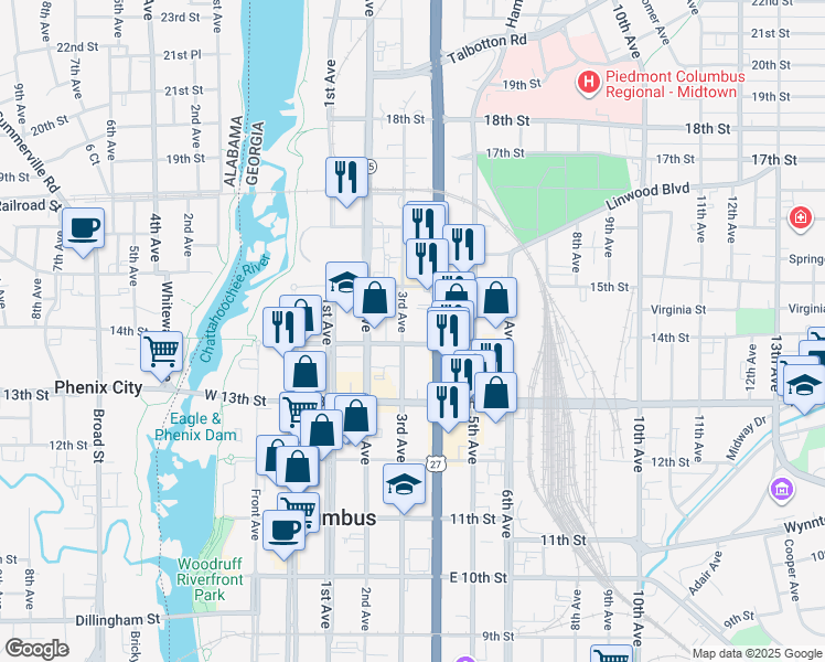 map of restaurants, bars, coffee shops, grocery stores, and more near 1408 3rd Avenue in Columbus