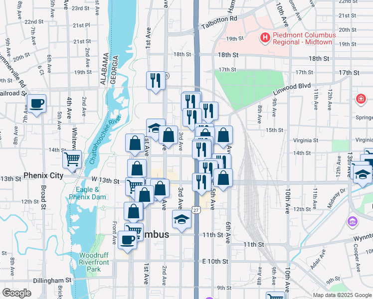 map of restaurants, bars, coffee shops, grocery stores, and more near 1408 3rd Avenue in Columbus