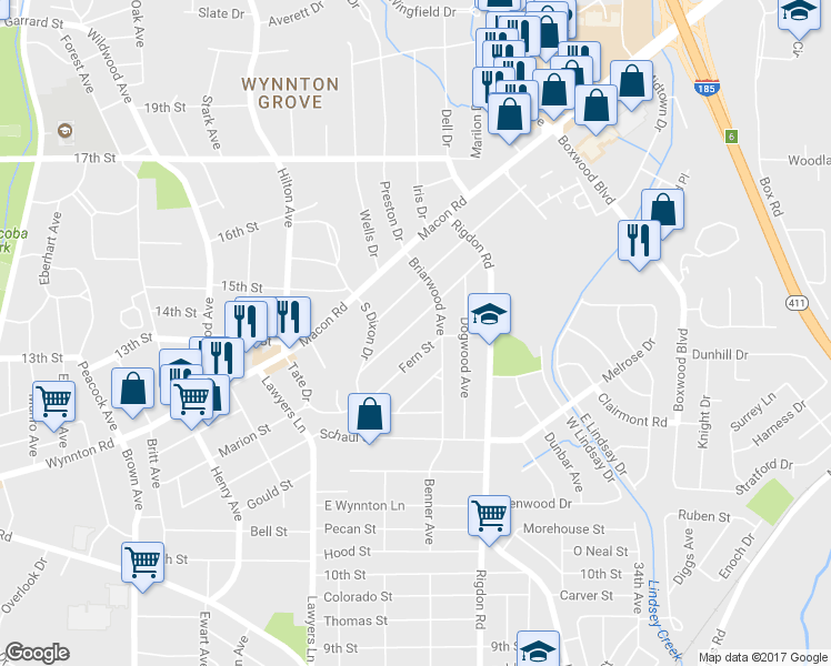 map of restaurants, bars, coffee shops, grocery stores, and more near 2816 Mimosa Street in Columbus