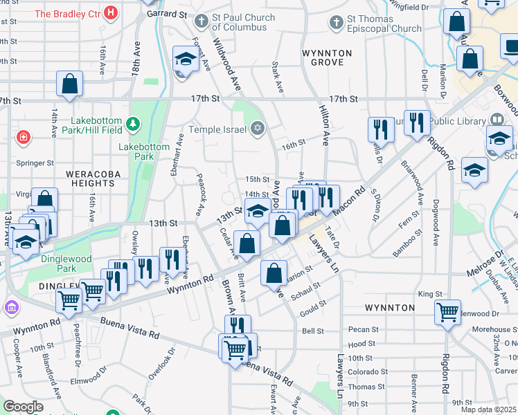 map of restaurants, bars, coffee shops, grocery stores, and more near 2221 13th Street in Columbus