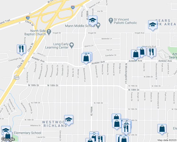 map of restaurants, bars, coffee shops, grocery stores, and more near 3413 Ambler Avenue in Abilene
