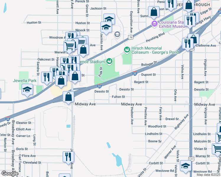 map of restaurants, bars, coffee shops, grocery stores, and more near 4109 San Jacinto Avenue in Shreveport