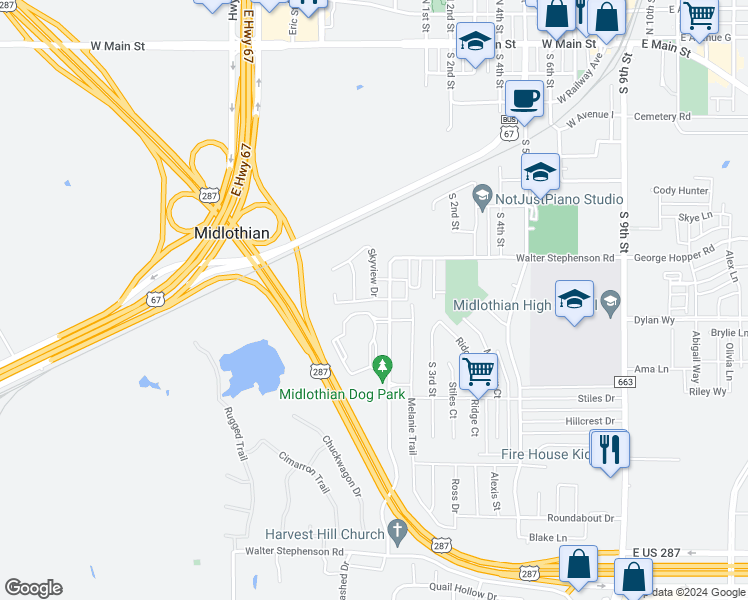 map of restaurants, bars, coffee shops, grocery stores, and more near 1010 Sierra Vista Court in Midlothian
